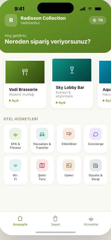 Boran AerOS misafir ana ekranı: otel restoranları ve hizmetleri